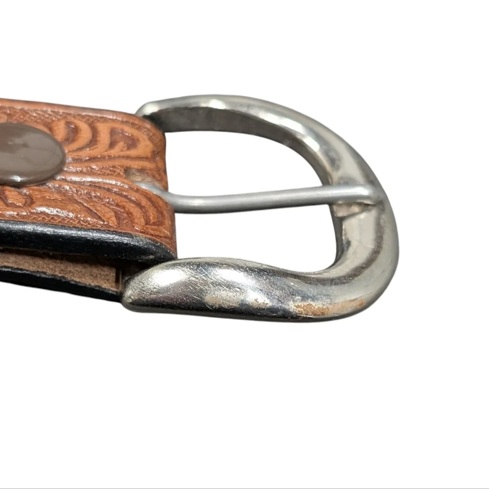 C.L. Genuine Leather Brown Embossed Floral Horse Belt Silver Buckle Size 38 - Picture 14 of 16